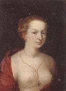 unknow artist, A Young girl in a state of undress,wearing a burgundy mantle,and a gold chain and pendant